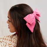 Natalia Eyelet Bow Barrette in Pink